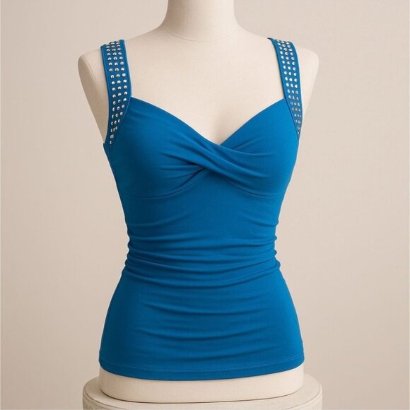 Bebe Blue Studded Tank Top XS – Twist Front Open Ring Back Alt-Core Glam EUC - Picture 1 of 7